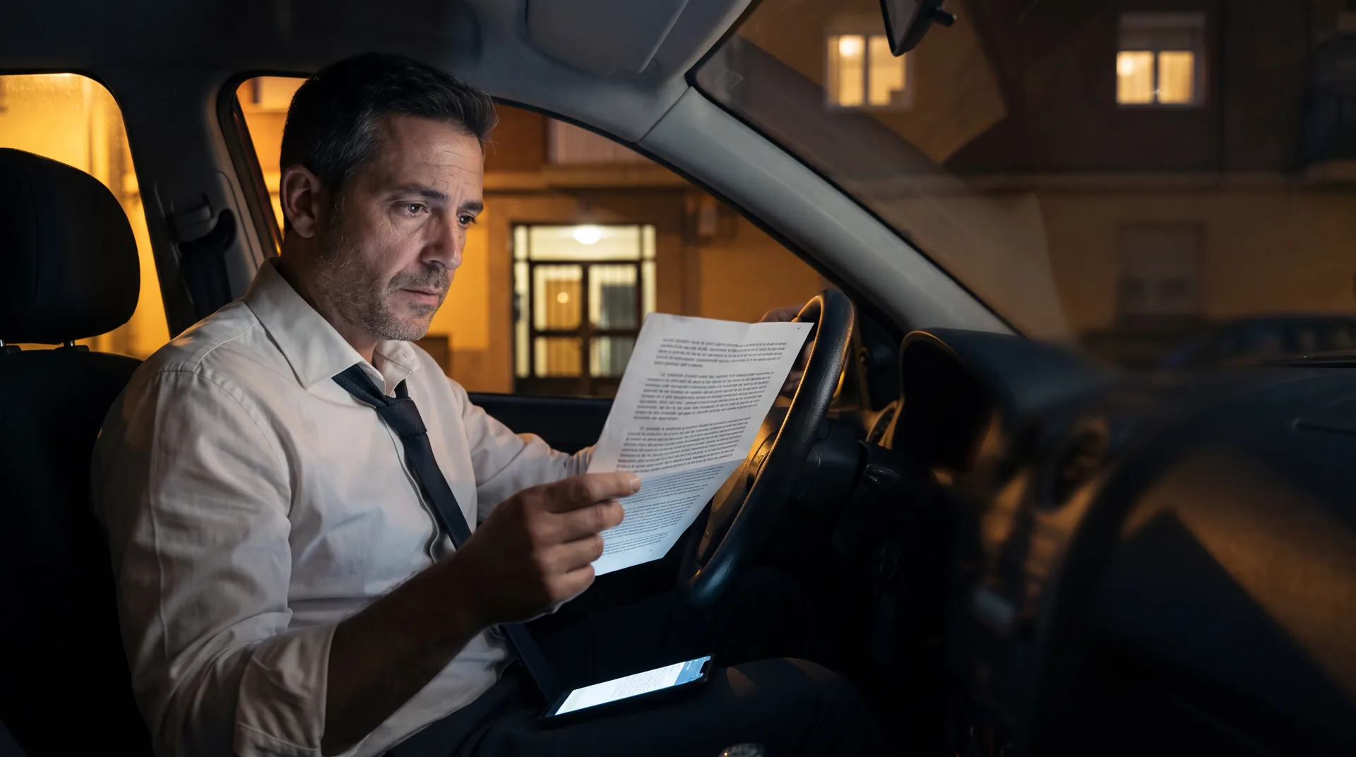 Hombre leyendo una citación judicial de noche en su coche