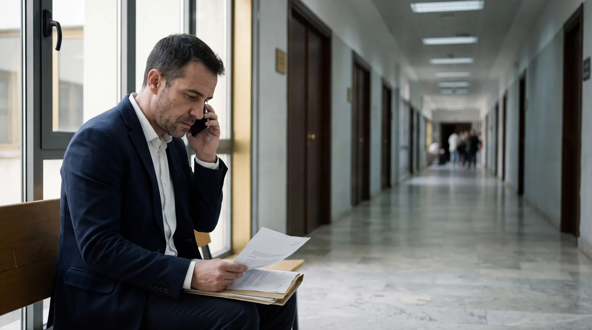 Hombre esperando solo en el pasillo de un juzgado con el teléfono