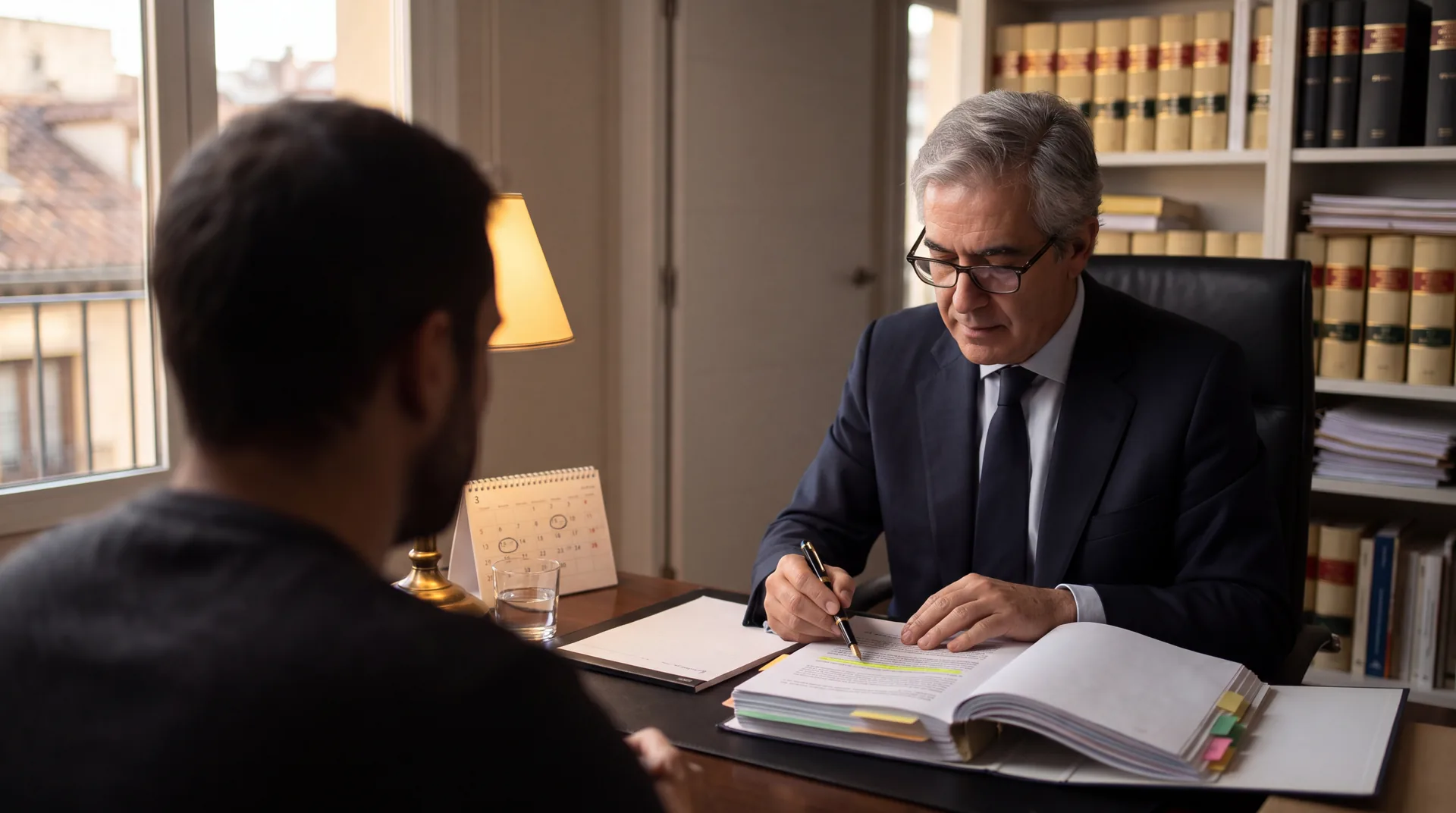 Penalista revisando el expediente de un cliente en su despacho
